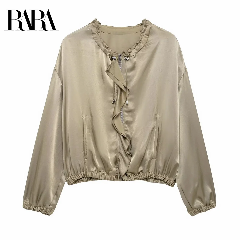 

2025 RARA Women's Cropped Jacket Long sleeves with ruffled neckline Asymmetric zipper design and side pockets for style