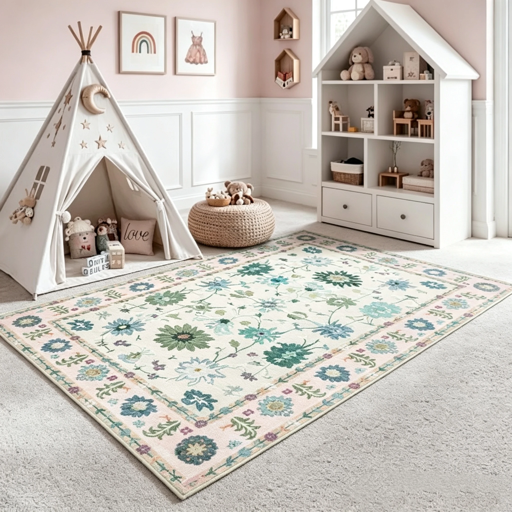 Vintage Green Blue Floral Area Rug Boho Botanical Print Soft Floor Carpet for Living Room Bedroom Indoor Home Decor Rug
