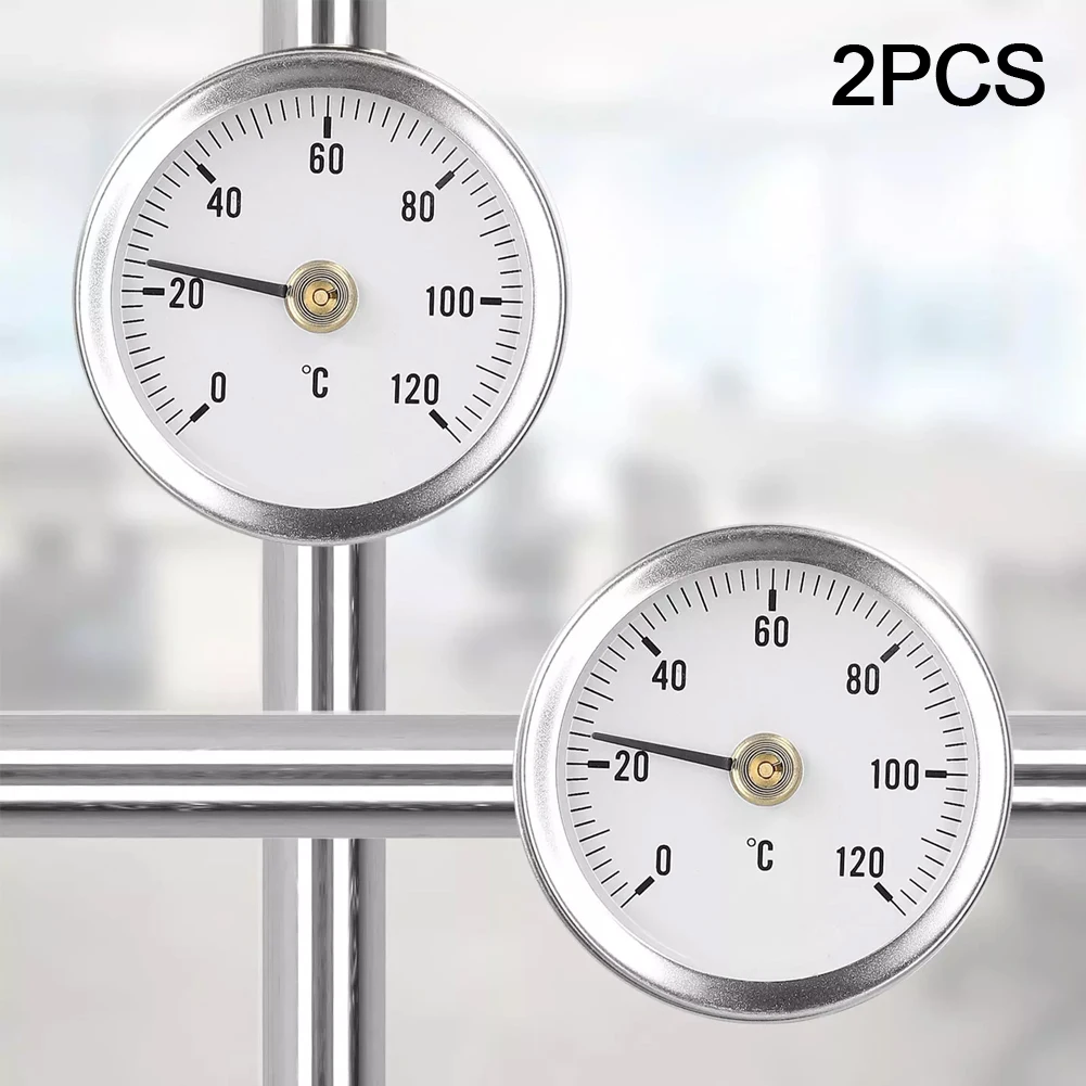 2PCS Stainless Steel Clamp-on Tube Thermometer Tube Heating Spring 63mm 0-120℃ Boiler Industrial Pipeline Temperature Gauge Tool