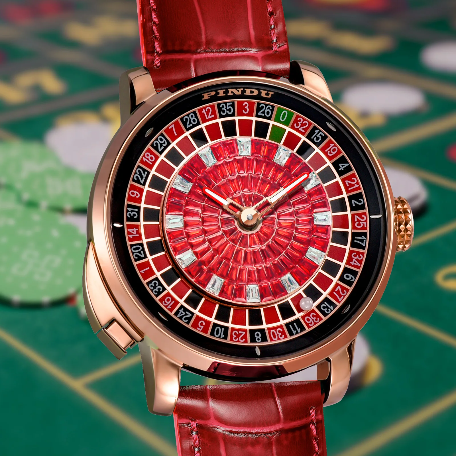 

2026 PINDU Design New NH35 Mechanical Watch Men's Button Rotating Dial Sapphire Glass red diamond Waterproof Automatic Watch