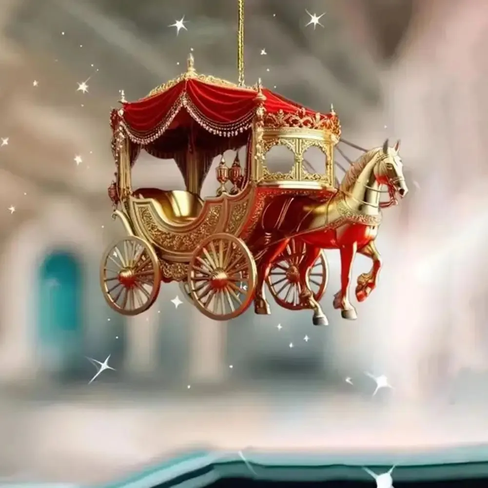 1Pcs 2D Acrylic Christmas Horse Sleigh Carriage Ornament Xmas Tree Hanging Decoration for Winter Home Car Table Decor