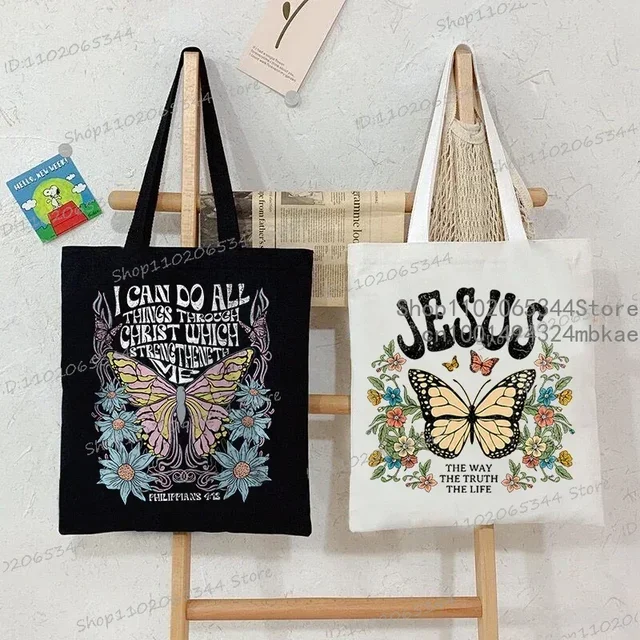Torebki damskie jesus motyl płócienna torba Vintage kwiat motyl modne torby z grubej bawełny chrześcijaństwo Trend torba boczna dla pań 2024