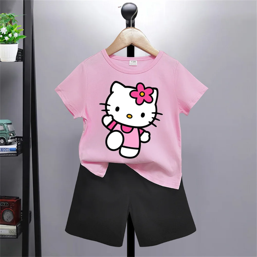 Top Designer Brands Hello Kitty Summer Suits Children's Clothing Boys Girls Clothing Tops Shorts Sportswear for Ages 3-14