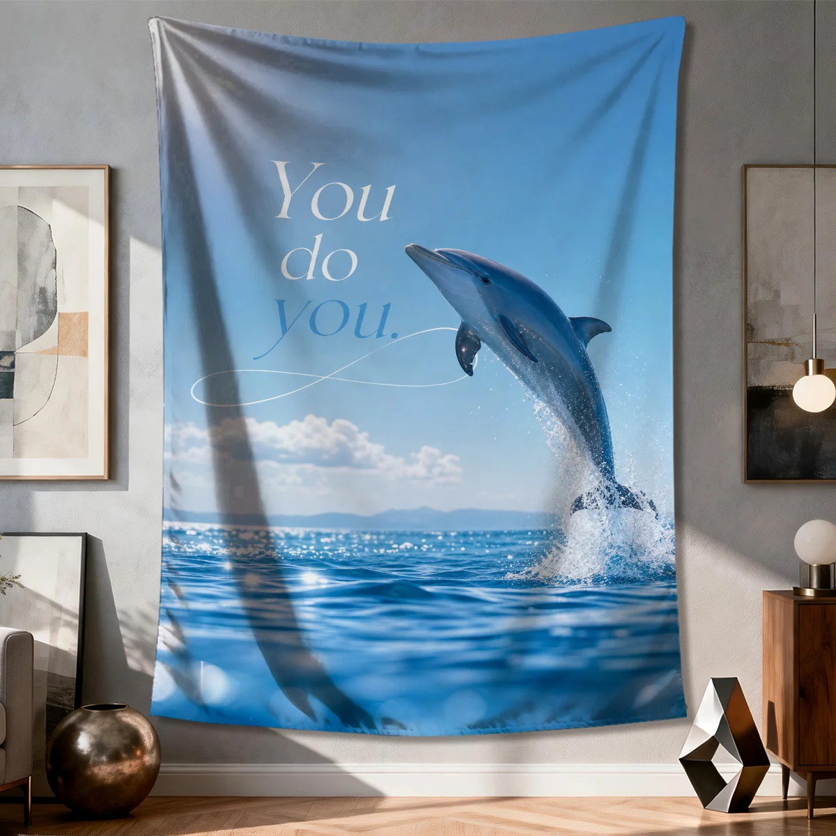 Jumping Dolphin Tapestry, Blue Ocean Motivational Wall Hanging, Sea Animal Decor for Living Room Bedroom Dorm