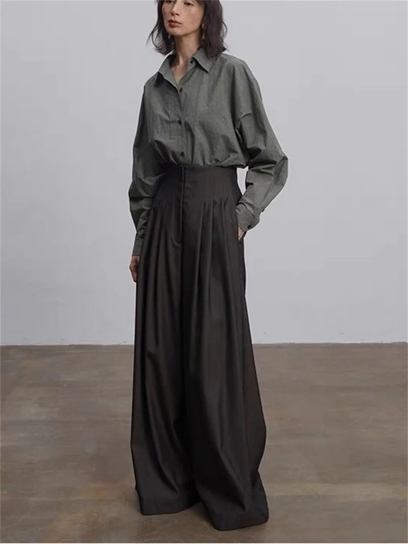 Wool Blend Ladies Casual Draped Straight Wide Leg Pants Women's High Waisted Loose Pleated Long Trousers 2024 Autumn