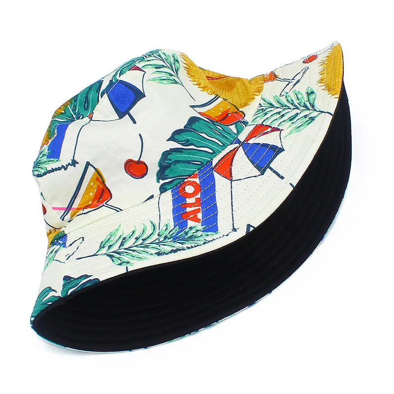 Bocca Hawaii Style Bucket Hat Cartoon Coconut Trees Fisherman Hats Double Sides Panama Cap Beach Outdoor Travel Summer Sunscreen