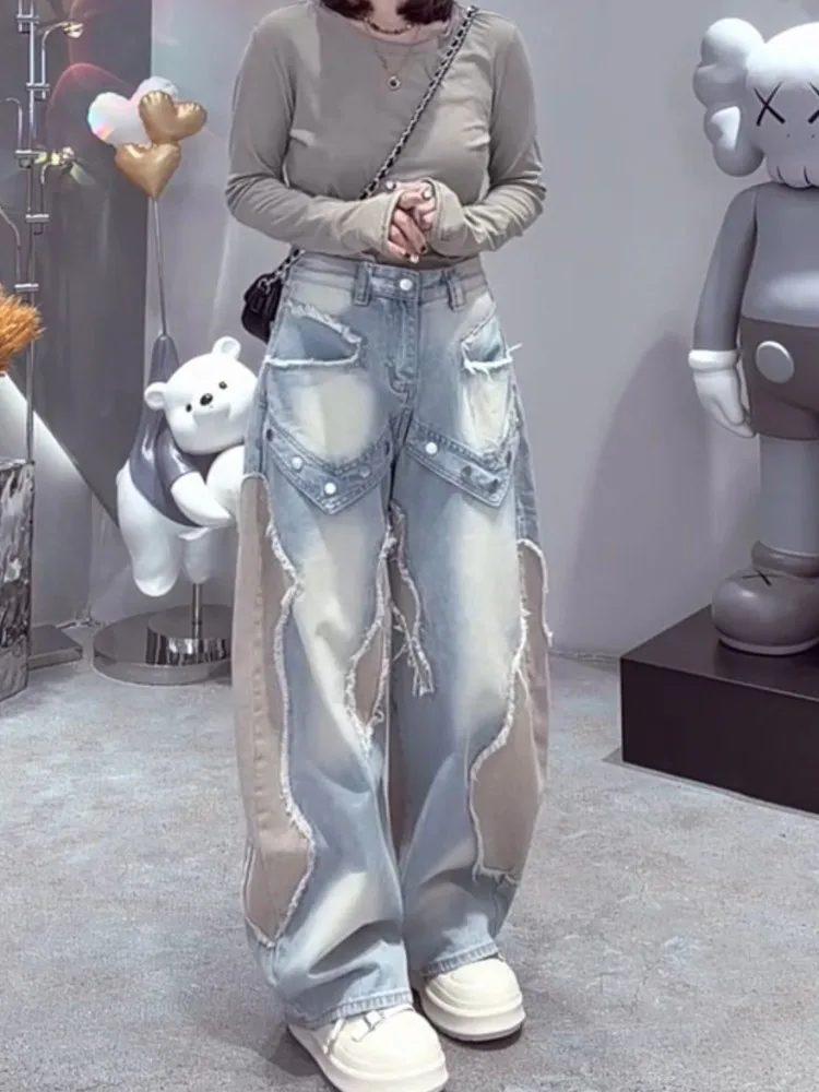 Streetwear Women Hip Hop Spliced Loose Fit Straight Jeans Vintage Casual Trousers Personality New Female Wide Leg Denim Pants