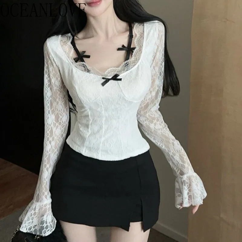 

OCEANLOVE Y2k Lace Blouses Solid Spring Autumn Sexy Women Shirts Korean Fashion Vintage Bows Elegant Blusas Feminina