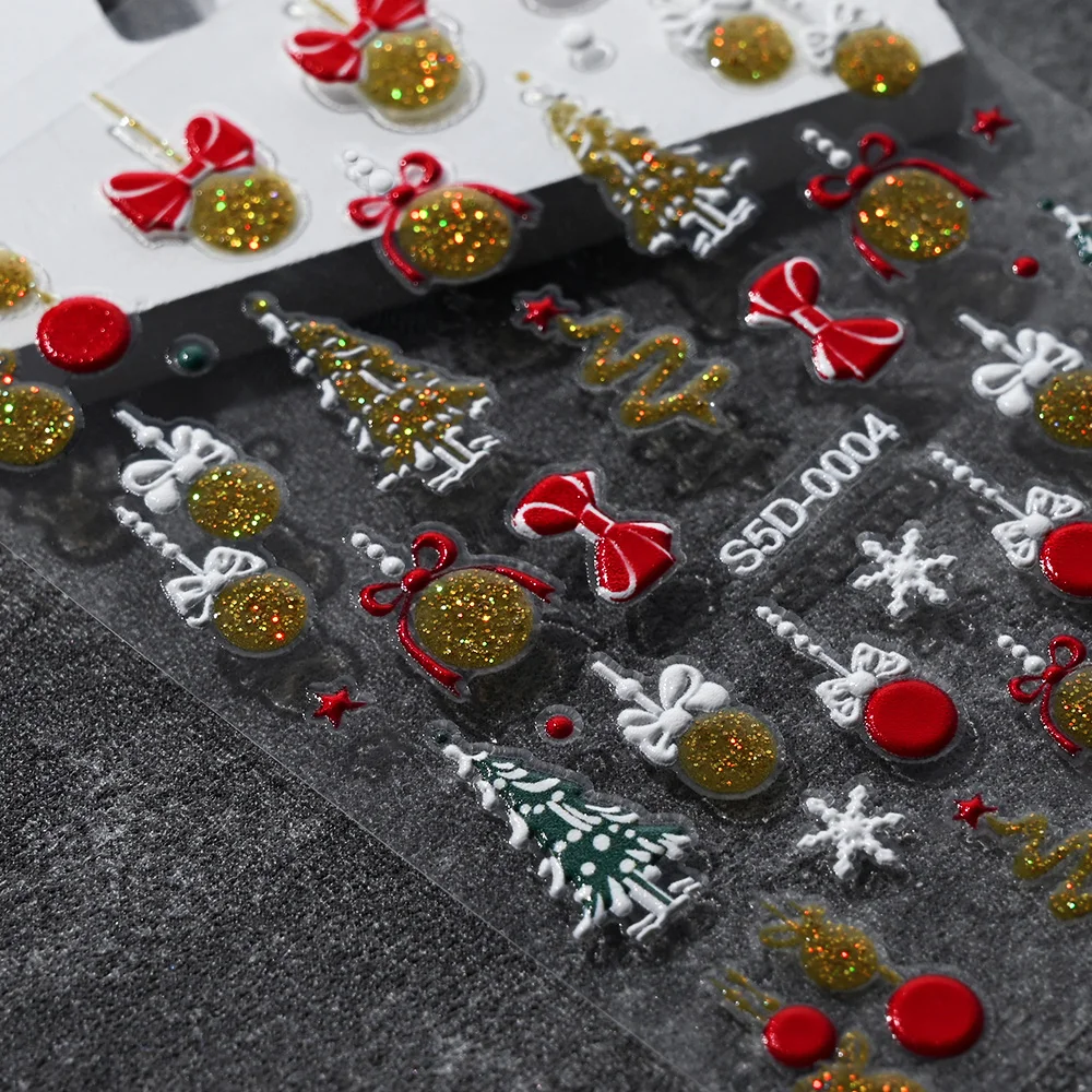 5D تنقش الذهبي بريق عيد الميلاد الكرة مسمار ملصق الأبيض ندفة الثلج القوس قلادة ذاتية اللصق مسمار الفن الديكور عيد الميلاد ملصق