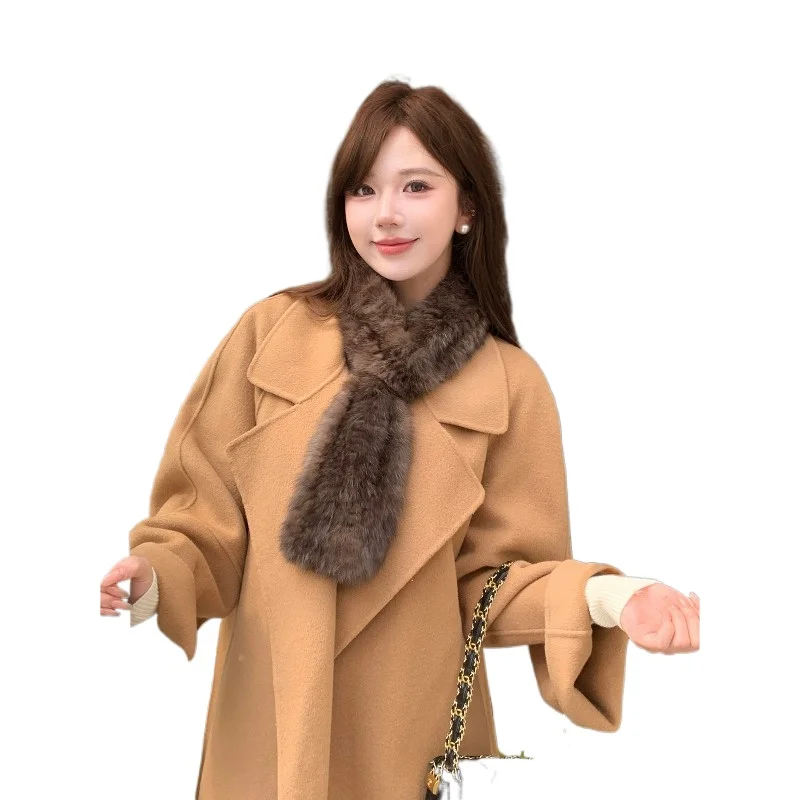 

Шарф из искусственного меха кролика цвета кофейного сабля, высококачественный, универсальный, теплый, на осень и зиму, в стиле Майярд.