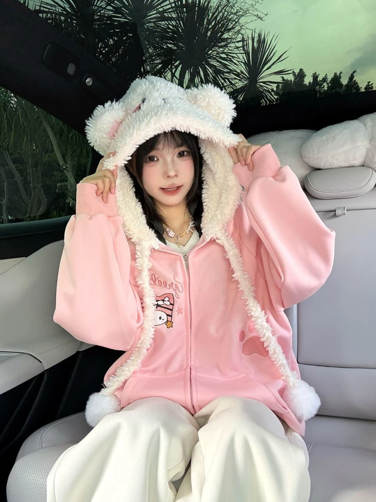 귀여운 일본식 루즈핏 긴팔 코트 여성용 가을 후드 지퍼 프린트 사랑스러운 오버코트 예쁜 따뜻한 패션 린트 후디