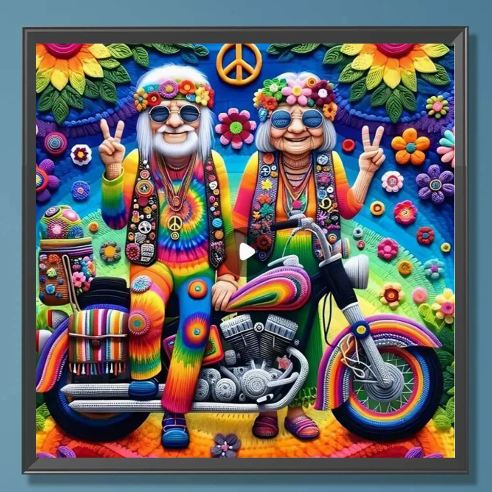 Vibrant Hippie Couple & Motorcycle Theme Full Square Round Diamond Mosaic Diamond Painting New Diy Cross Stitch Kits Unique Gift