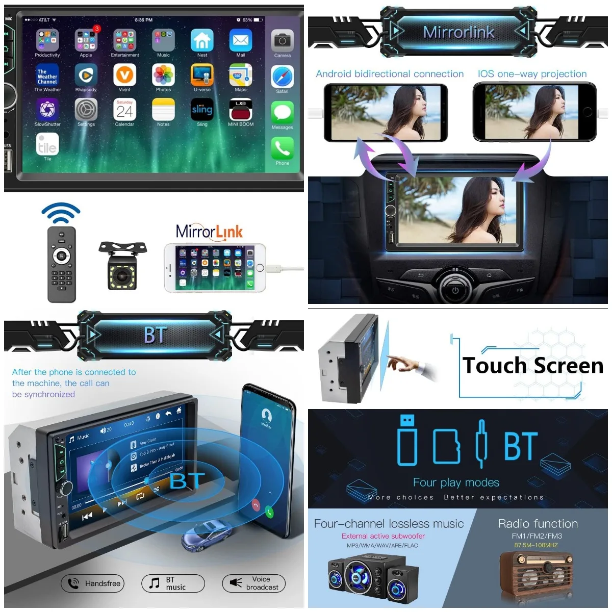 

7-inch Car Stereo Double Din Touchscreen with Backup Camera, Bluetooth, FM/MP3/MP4/USB/Aux, Mirror Link