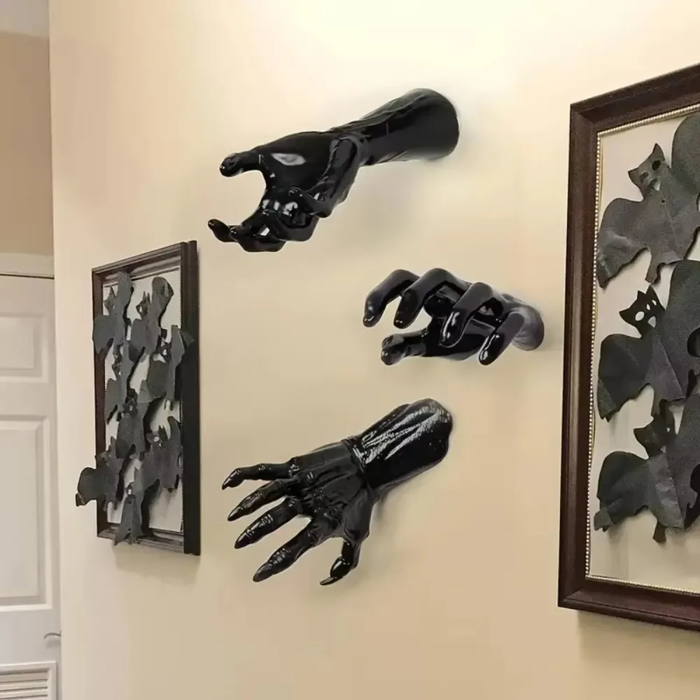

3Pcs Realistic Halloween Wall Mounted Devil's Hand Black with Candle Desk Lamp Holder Plastic Ghost Hand Storage Hook Table