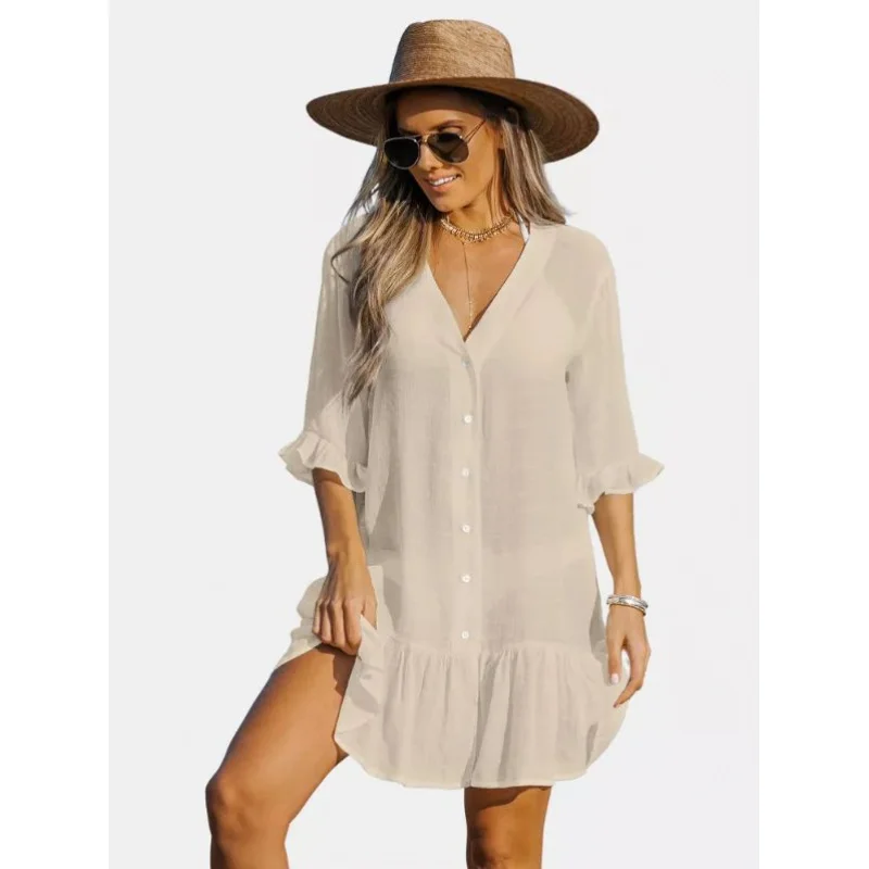 European and American 2023 Summer NewRuffled Solid Color Beach Dress Ins Protective Blouse Women