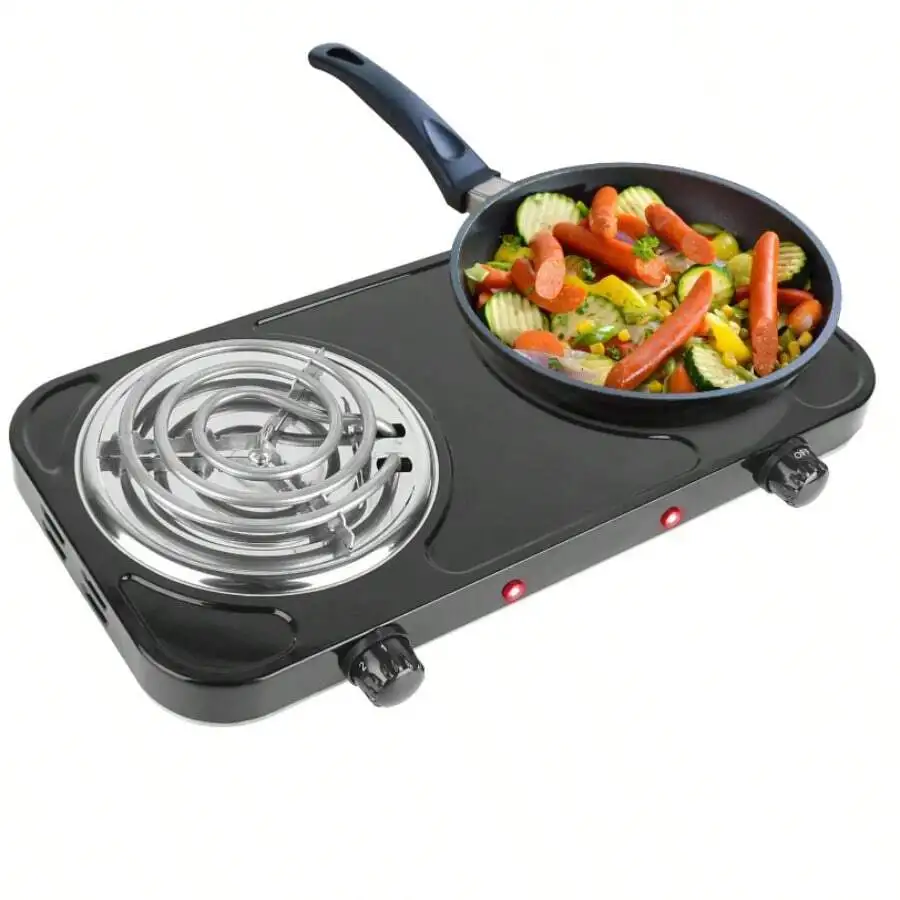 

2000W Portable Double Burner Electric Hot Plate Coil Stove 5 Temp Control Non Slip Feet for RV Camping Dorm Apartment Black