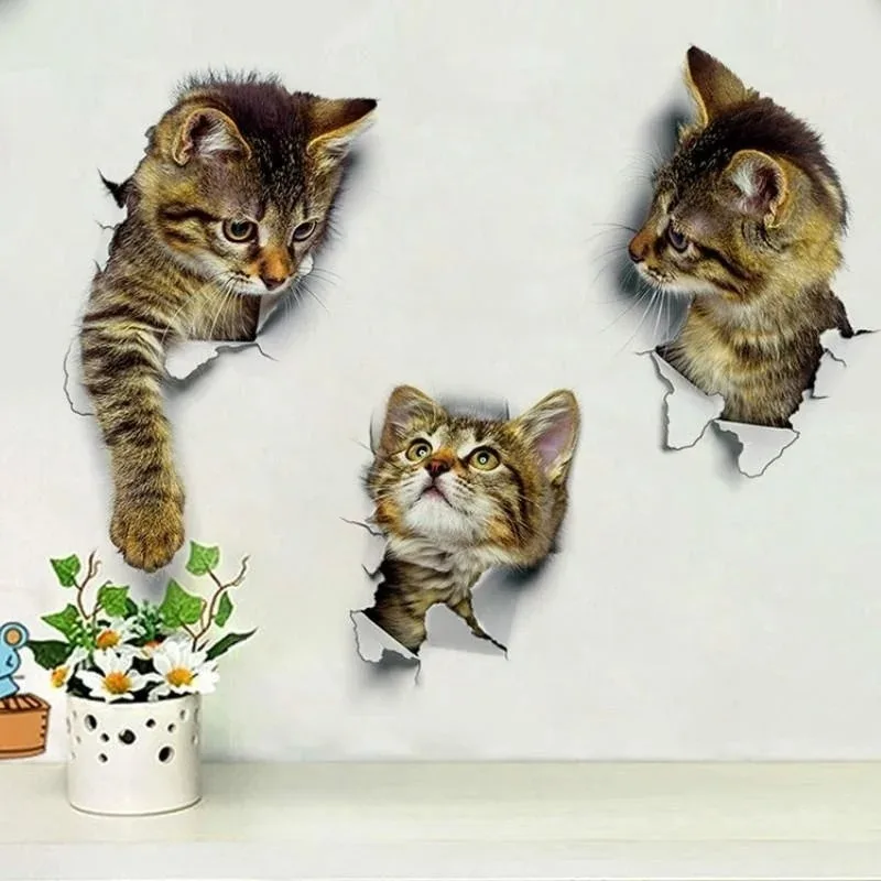 3pcs 3D Cute Cat Self-adhesive Removable Wallpaper for Children's Living Room Bedroom Background Wall Bathroom Sticker