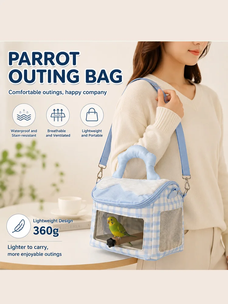 Portable Bird Travel Carrier Bag with Wooden Perch, plastic Tray & Feeding Cup, Waterproof Breathable Mesh Parrot