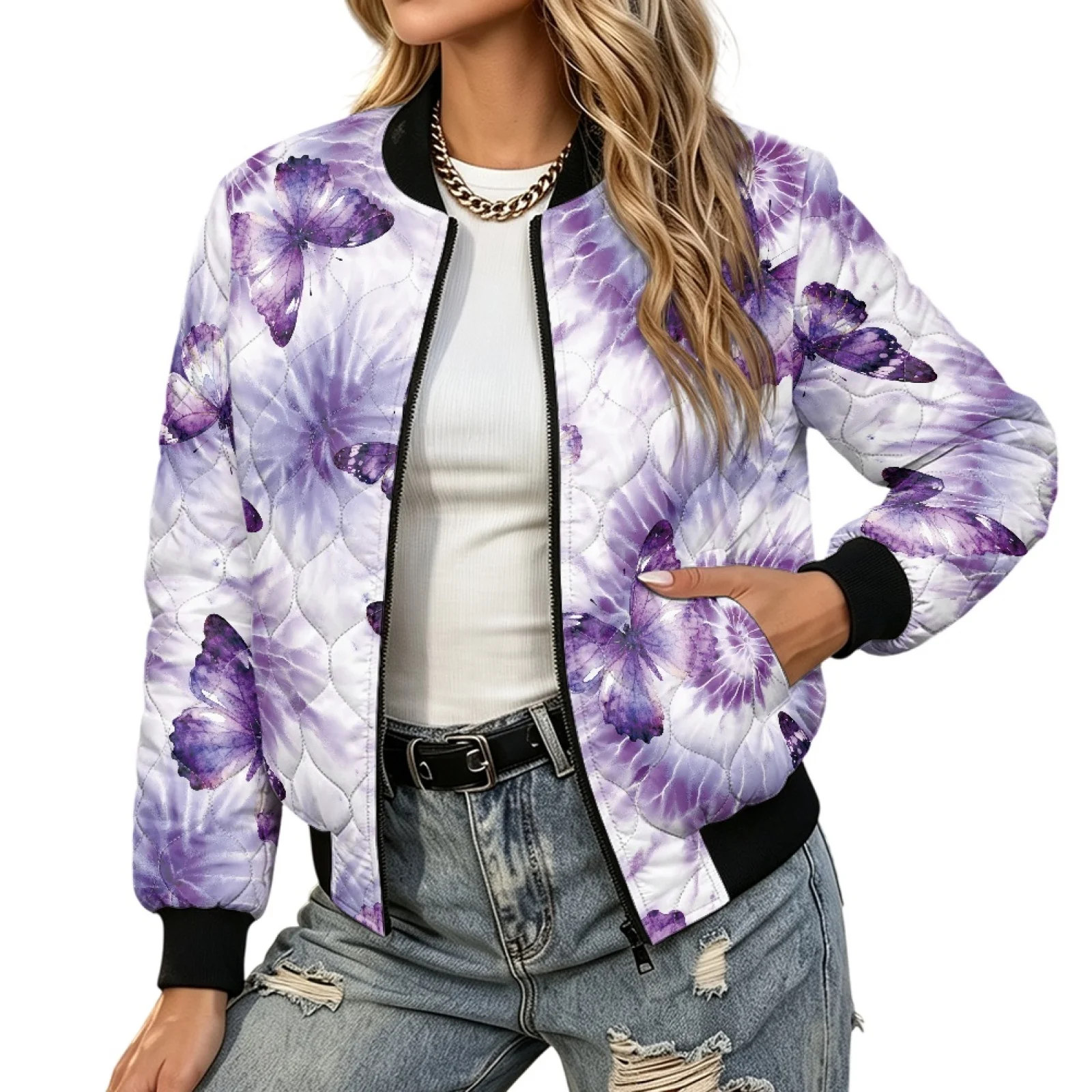 PENSTROLL Butterfly Tie Dye Womens Light Puffer Bomber Jacket with Rib Collar Padded Long Sleeve Coat for Vacation