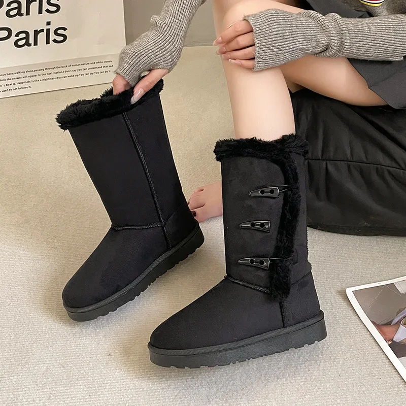 Women\'s Snow Boots Winter Plush Ankle Boots Warm Non-slip Platform Cold Comfort Cotton Shoes Women\'s Horn Buckle Cotton Boots