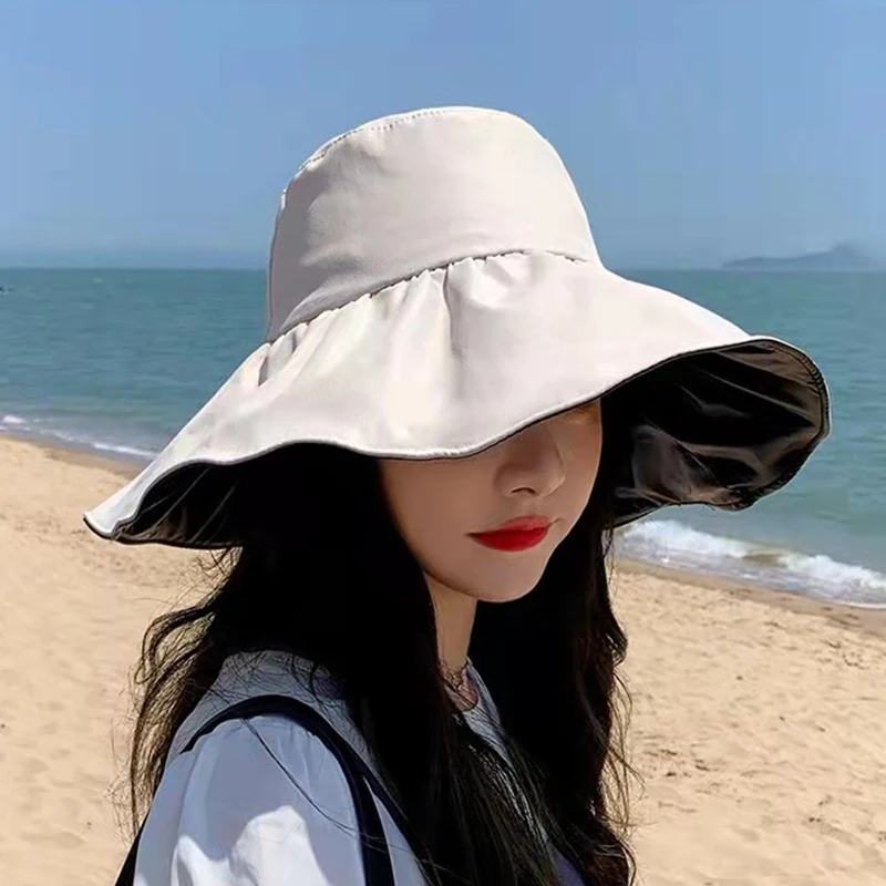 Black Rubber Sunscreen Hat Women\'s Summer Foldable Large Brim Sunshade Fisherman\'s Hat UV Protection Sun Hat