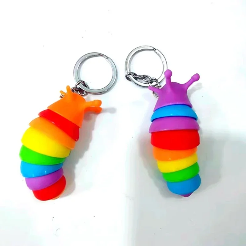 Mini Fidget Slug Keychain Toys 3D Articulated Stretch Caterpillar Sensory Stress Relief Flexible Hand Toy Keyring Bag Pendents