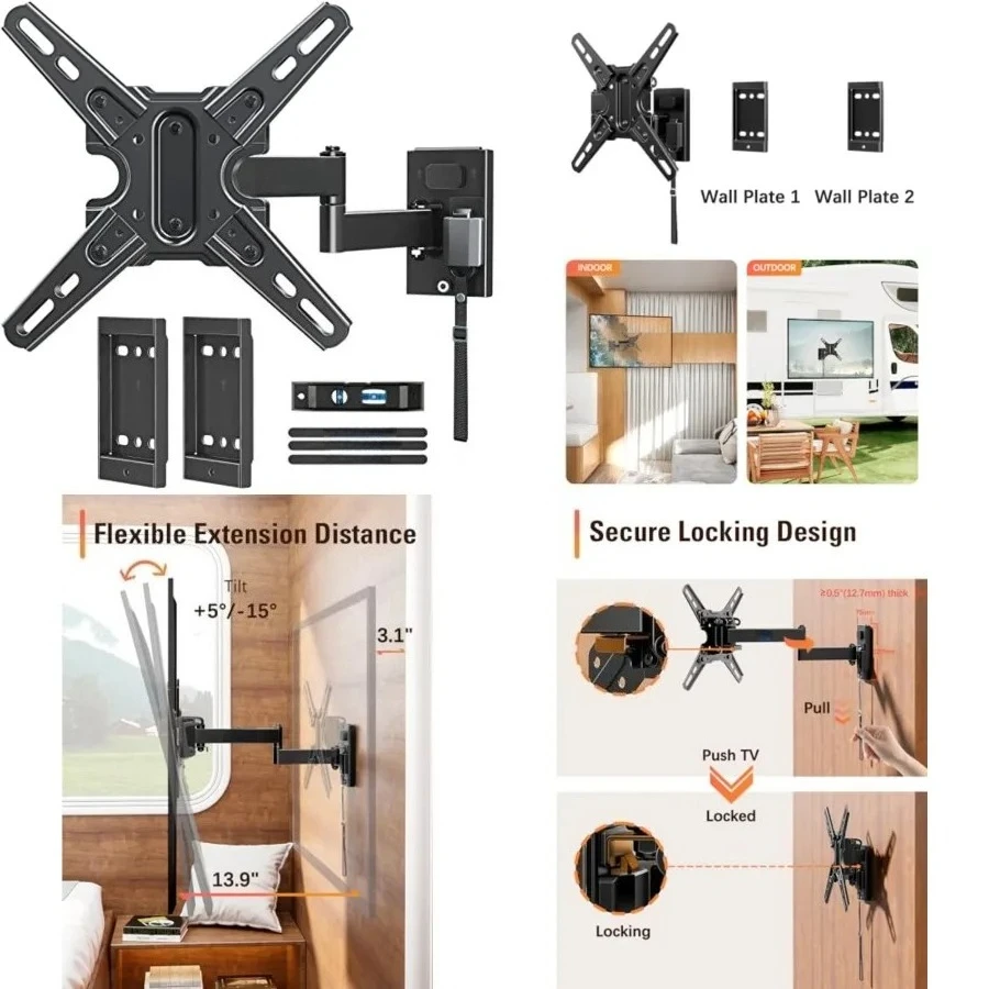 

UL Listed Lockable RV TV Mount for Most 13-43 inch TV, RV Mount for Camper Trailer Motor Home, Full Motion TV Wall Mount Quick Release with Dual Wall Plates, VESA 200mm, 22 lbs