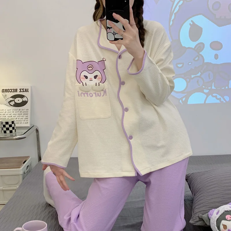 Conjunto de pijama de algodão sanrio feminino, calças de manga comprida, cachorro pacha fofo, lounge wear dos desenhos animados, outono, novo