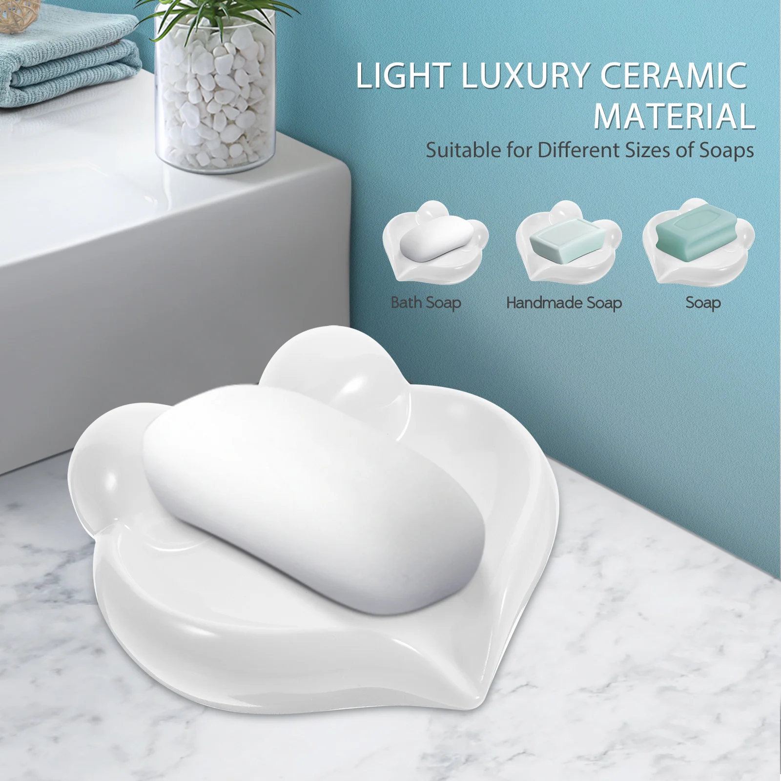 

Bowknot Ceramic Soap Dish Heart Shape Draining Rack for Bathroom Kitchen Washbasin Decorative Soap Container Non Slip Base