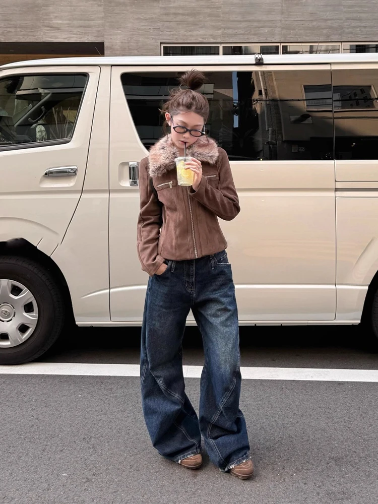 เสื้อแจ็คเก็ตวินเทจแต่งปกขนเสือดาวสำหรับผู้ชาย ผ้าหนังกลับบุขนแกะ ทรงยูทิลิตี้ ตัดสั้น กระชับหุ่น ซิป แจ็คเก็ตลำลอง เสื้อคลุมกันหนาว