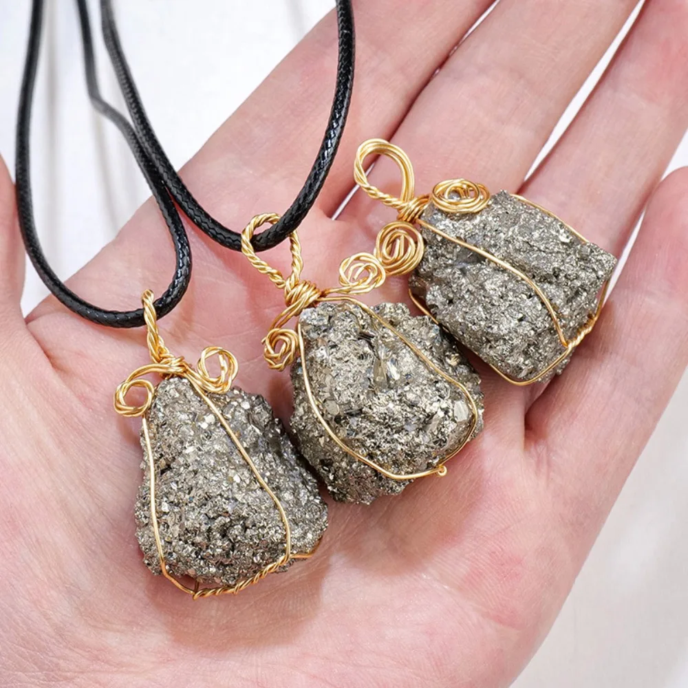 Decoration Necklace Raw Pyrite Stone Wire Wrapped Mineral Crystal Natural Crystal Stone Teaching Specimens Pyrite Pendant Gifts