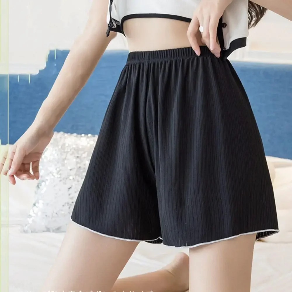 Novo verão babados gelo seda segurança calças curtas mulheres shorts de dormir senhora shorts finos roupa interior moda lazer solto