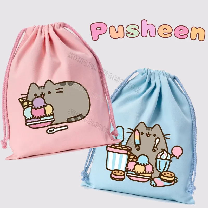 Pusheen Cat Canvas Drawstring Bag Cartoon Printed Cute Drawstring Handbag Anime Travel Outdoor Storage Bag Child Christmas Gifts