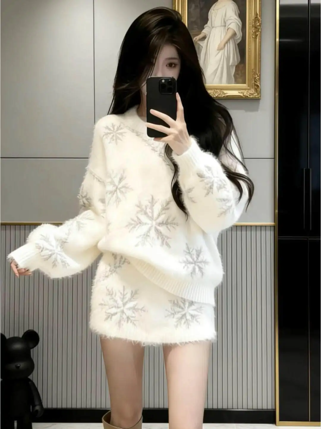 

Sweet Style Snowflake Knitted Sweater And Short Skirt Two-Piece Set for Women Korean Loose Fit Mid-Thickened Long Sleeve