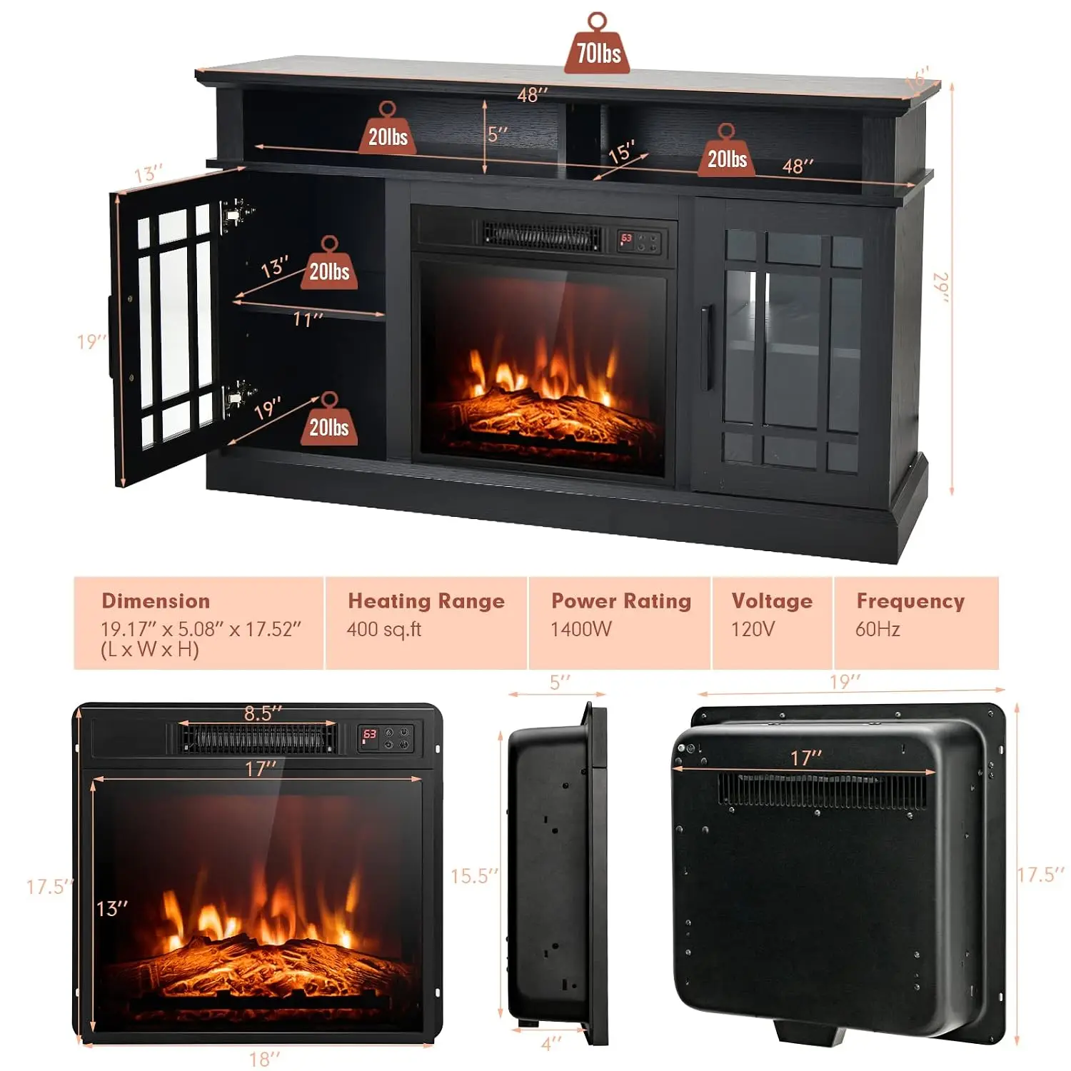 Electric Fireplace TV Stand for 55 Inch TV, 18 Inch Insert with Remote & Overheat Protection, 48 Inch Wooden Media Center with A