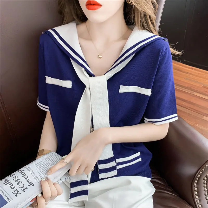 Korean Commuter Women\'s New Summer Sailor Collar Contrast Color Spliced All-match Elegant Loose Half Sleeve Knitted T-shirt Tops