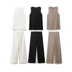 2024 Women Summer 2 Piece Vest Pant Sets Female Soild Casual O Neck Vest Top Elastic Waist Loose Trousers Spring Outfits