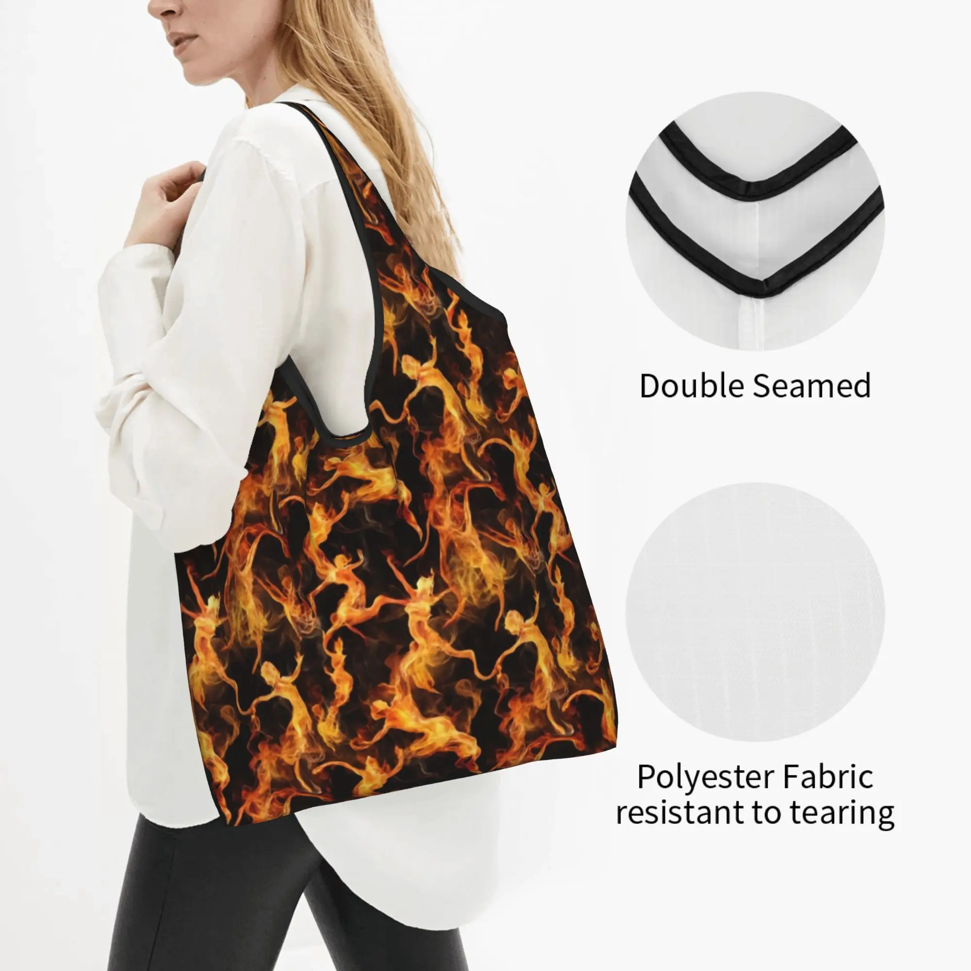 Kawaii Printing Flames Bacchanal of The Fire Spirits Tote Shopping Bags Portable Shopper Shoulder  Handbag