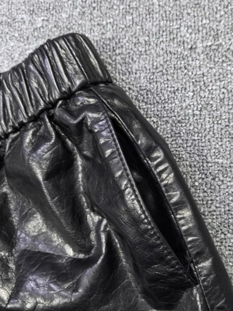 가을 신상 여성 소가죽 정품 가죽 반바지 슬림핏 밴딩 허리 와이드 레그 플레어 부츠컷 캐주얼 스트릿웨어 반바지