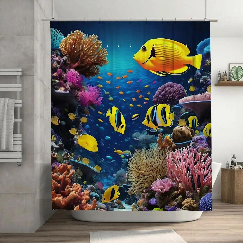 

Подводная приключенческая занавеска для душа, коралловый риф, рыба, океанская жизнь, декор для ванной комнаты, ткань с принтом, водонепроницаемые шторы в мультипах