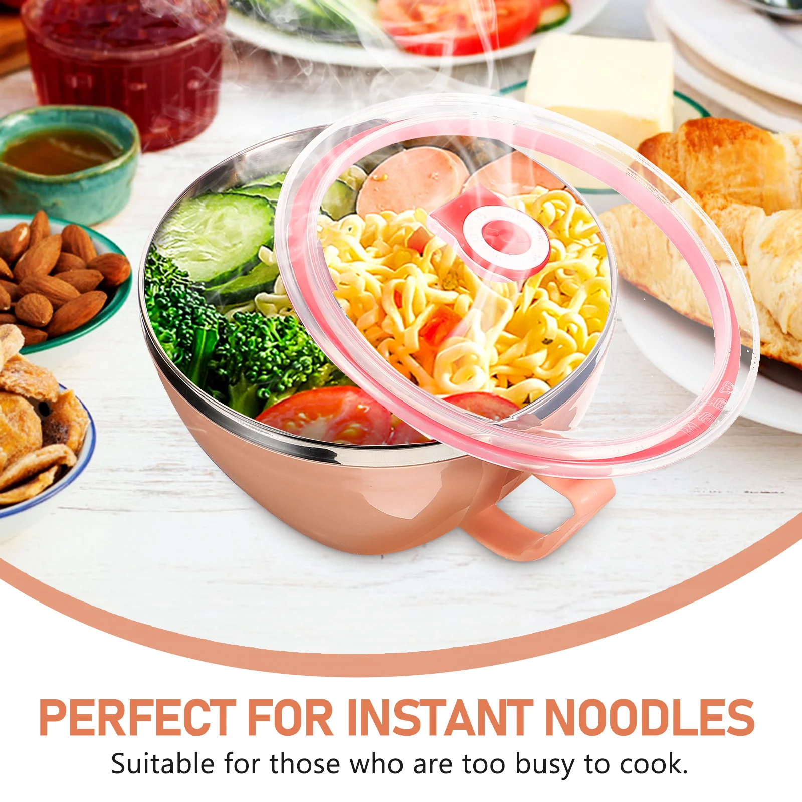 

Stainless Steel Soup Bowl Pink Handle Lid Corrosion Resistant Insulated Lunch Box Food Container for Soup Pasta
