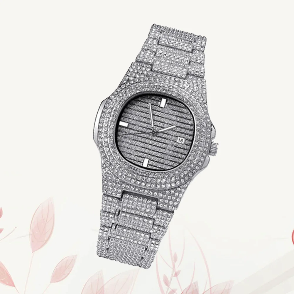 

Male Silver Rhinestone Quartz Watch Fashion Wristwatch Zircon Band Elegant Gift for Men Birthday Christmas Valentine
