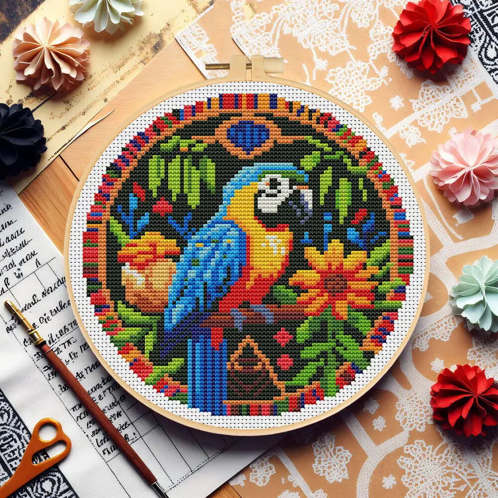 DIY Kreuzstich Papagei Tier Muster Starter Kit für Anfänger mit Reifen Werkzeuge Set Stickerei liefert Handarbeit Kunst Handwerk Geschenk