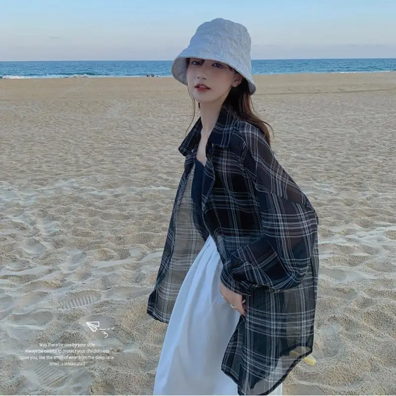 Women Summer Simplicity Loose Plaid Sunscreen Thin Polo-Neck Long Sleeve Shirts Women Clothes Casual All-match Perspective Tops