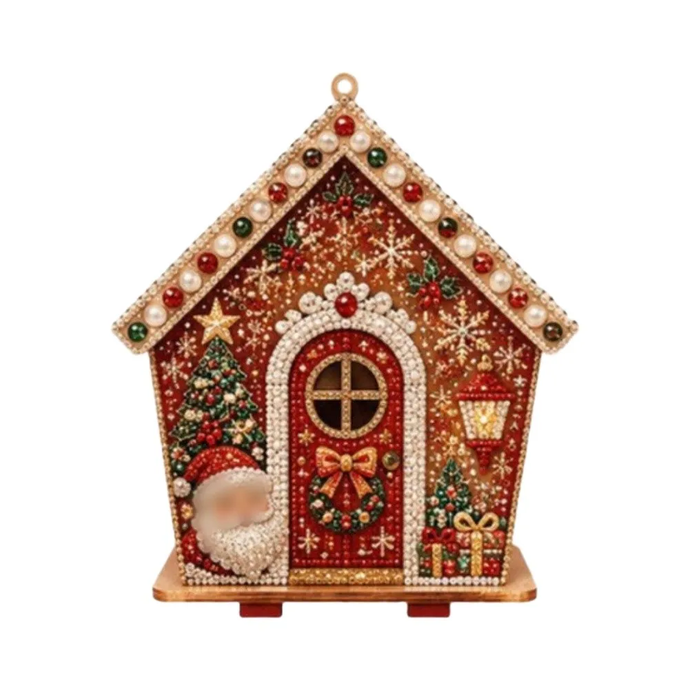 DIY Christmas Craft Kit for Creating a 3D House with Wooden Panels Rhinestone Details and Pearl-Like Bead Embellishments