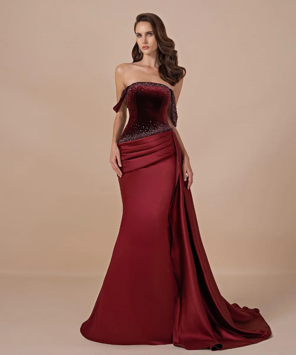 Maßgeschneiderte glitzernde Velours-Pailletten-Falten-Trompete, schulterfreie lange Abendkleider, luxuriös, 2025, moderner Stil