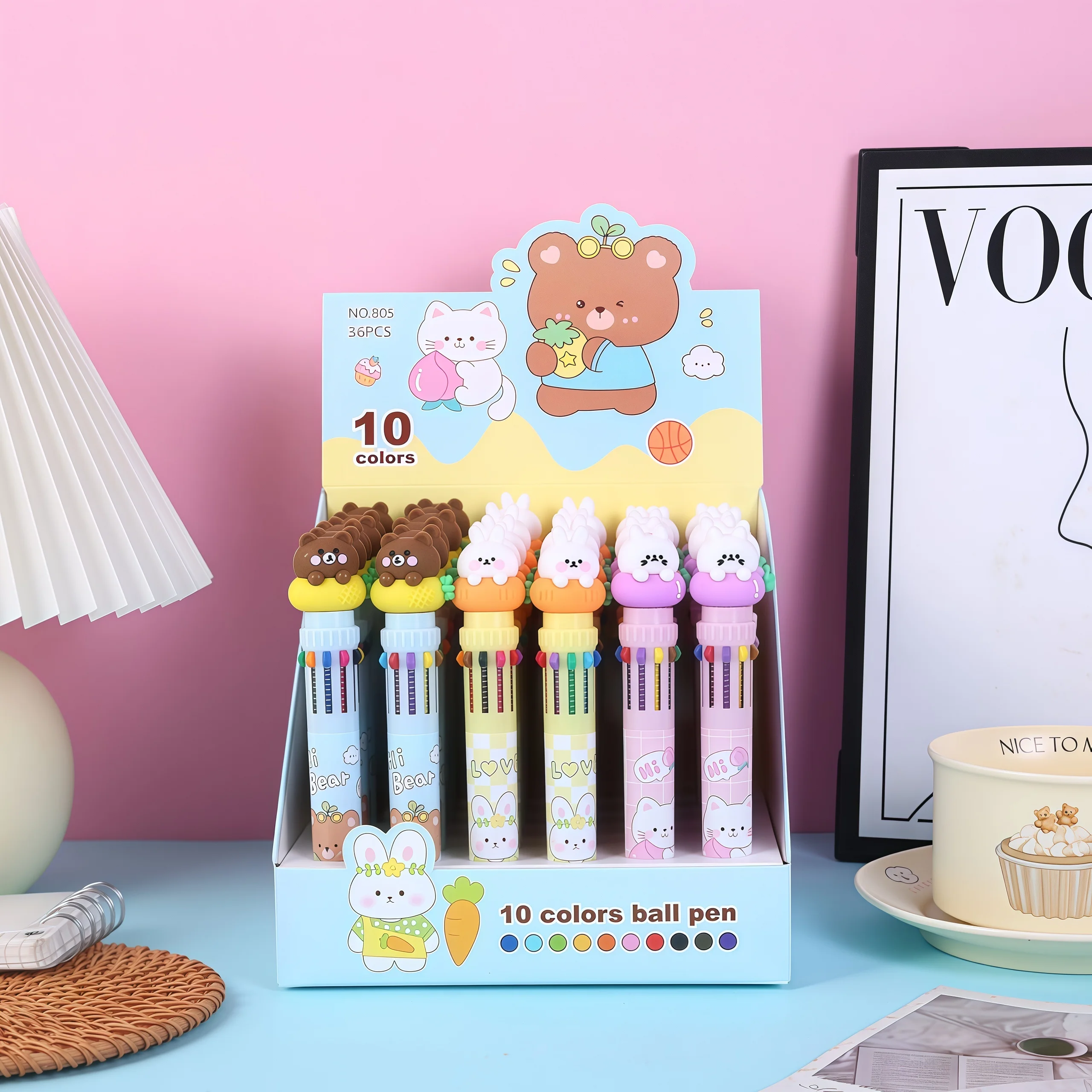 Cute Rabbit Cartoon 10-Color Retractable Ballpoint Pen, Ins-Style High-Look Multi-Color All-In-One Pen for Students' Journaling