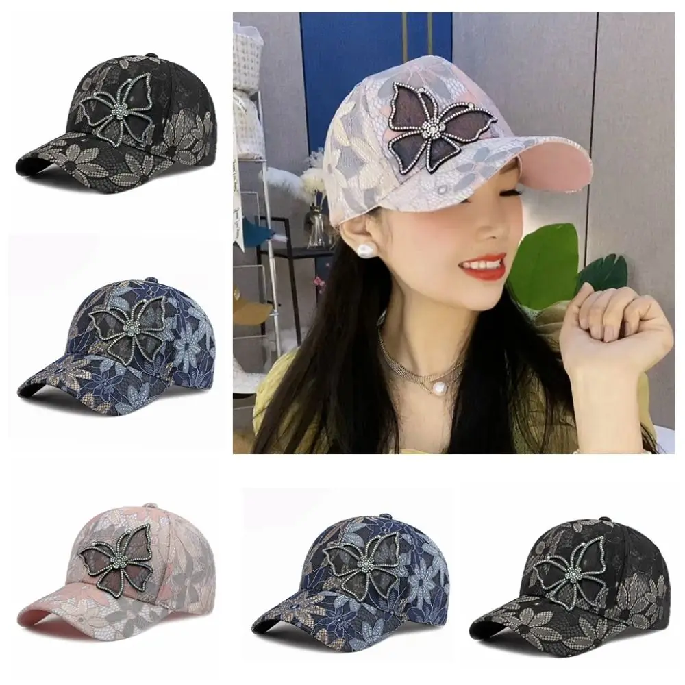 Rhinestone Lace Embroidery Hat Bow Netting Ball Caps with Rhinestones Ventilate Sun Protection Cap Flower Rhinestones Summer