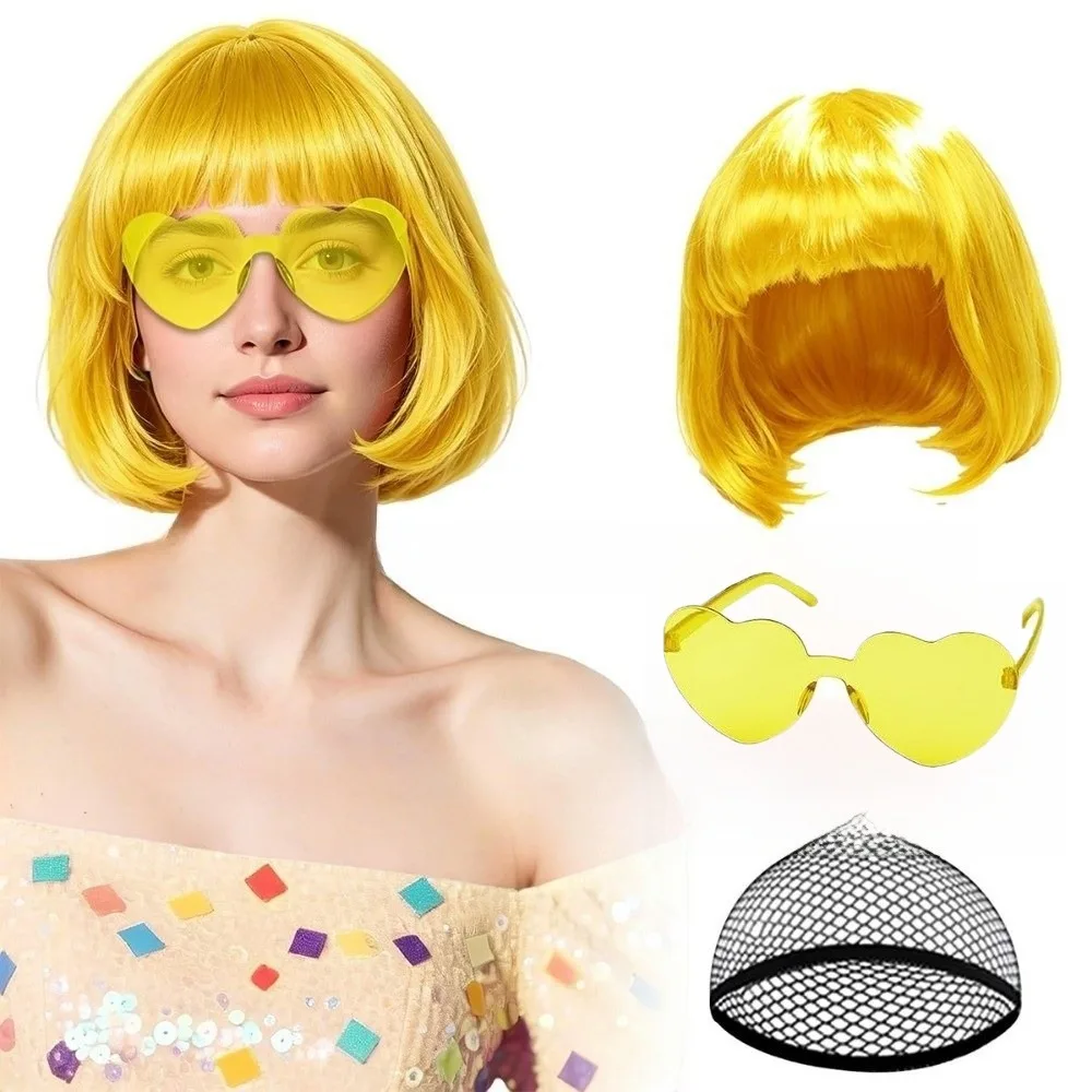 3Pcs Colorful Short Bob Hair Wig Halloween Party Role-playing Short Hair Wig with Hairnet and Glasses Christmas Cosplay Wig Set