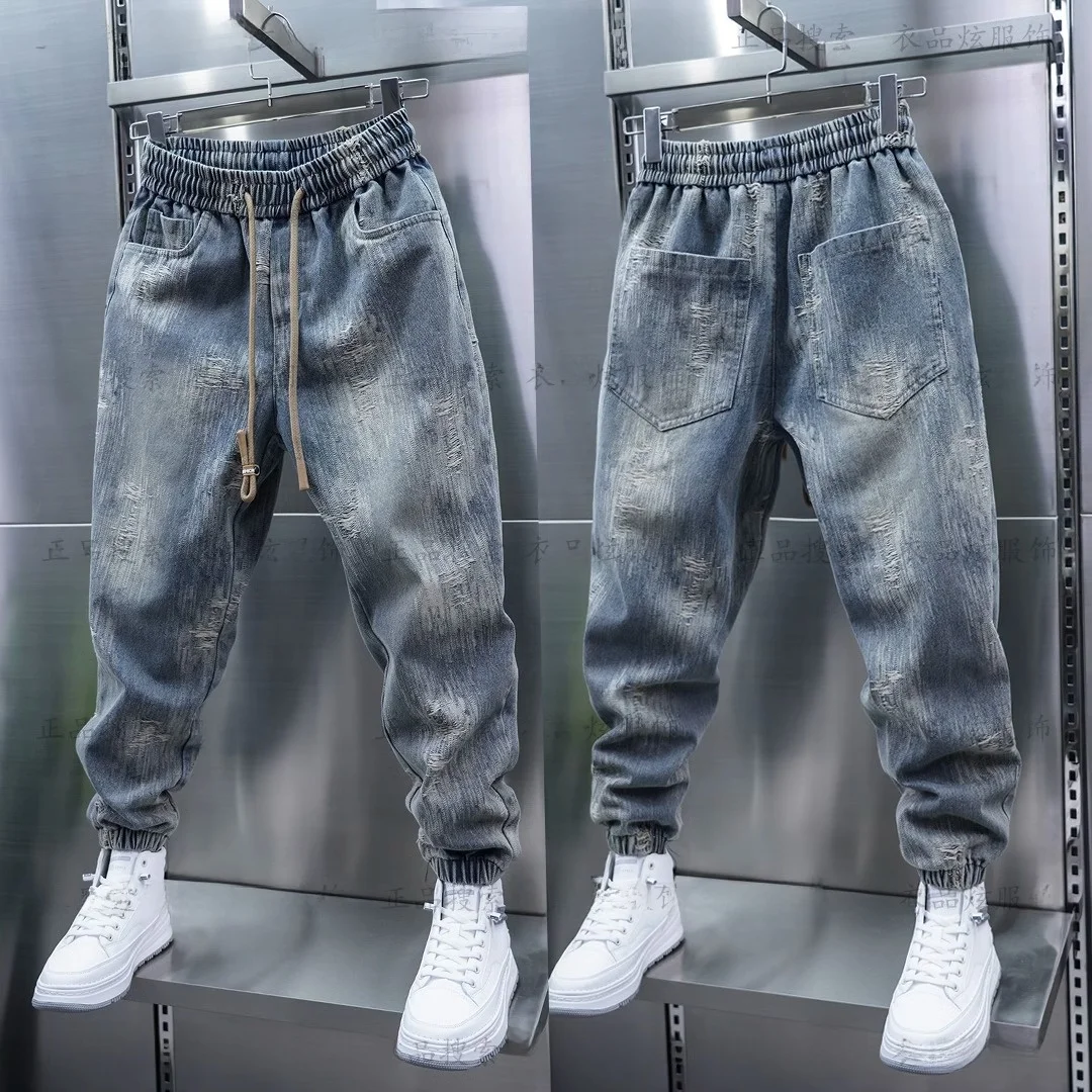 

Fashionable Casual Men's Elastic Waist Cargo Jeans Harlan Trendy Brand Handsome Versatile Youth Popular Long Pants Straight Leg